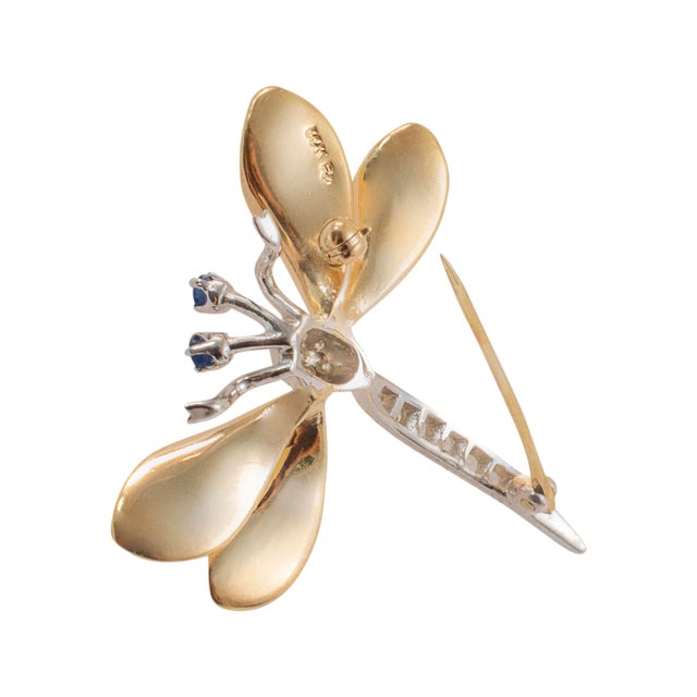 Metal Vintage 14k Yellow and White Gold Sapphire and Diamond Dragonfly Brooch For Sale - Image 7 of 8