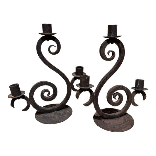 1940s Rustic Iron Spanish Colonial Candelabras