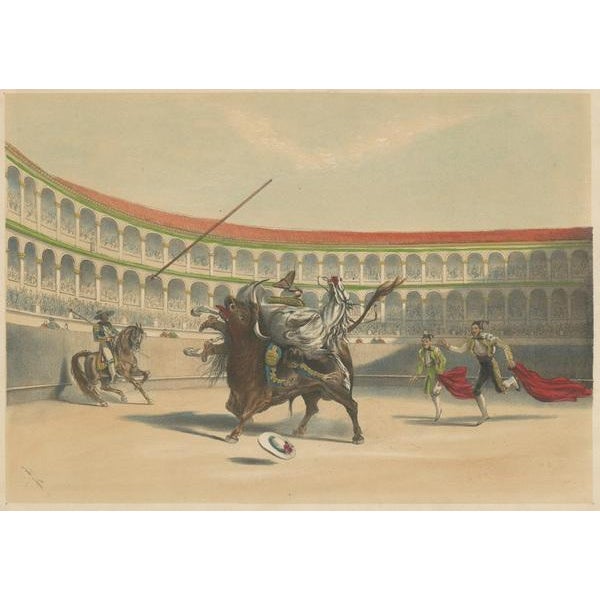 After W. Lake, Bullfighting with the Bull Tossing the Picador & Horse, 1852, Lithograph For Sale - Image 3 of 5