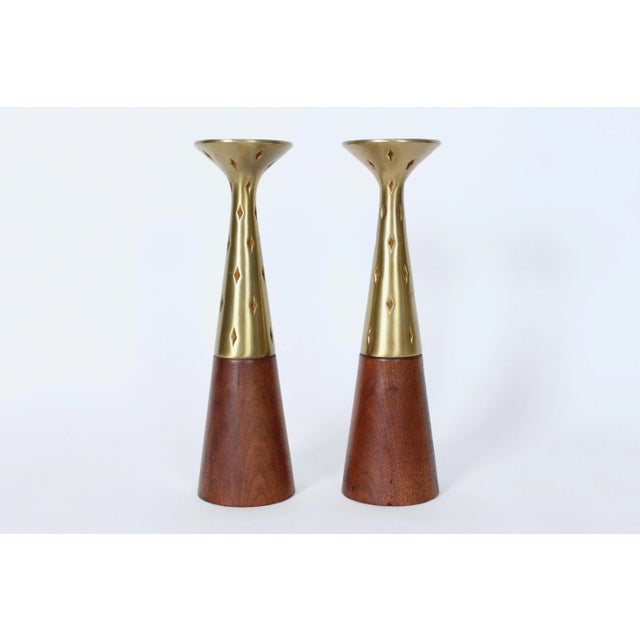 Mid-Century Modern Tony Paul for Westwood Chadwick Brass & Walnut Candlesticks, 1950s - A Pair For Sale - Image 3 of 12