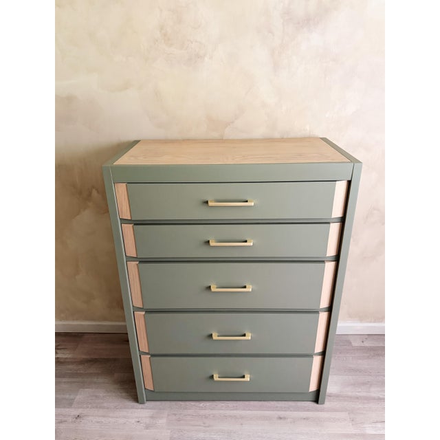 Mid-Century Modern 1970s Sage Green Tall Dresser | Organic Modern Chest of Drawers With Natural Wood Accents For Sale - Image 3 of 10