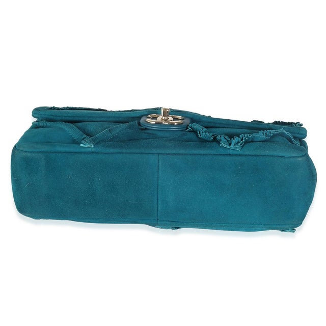 Animal Skin Teal Suede Goatskin Diamond Fringe Medium Flap Bag For Sale - Image 7 of 8