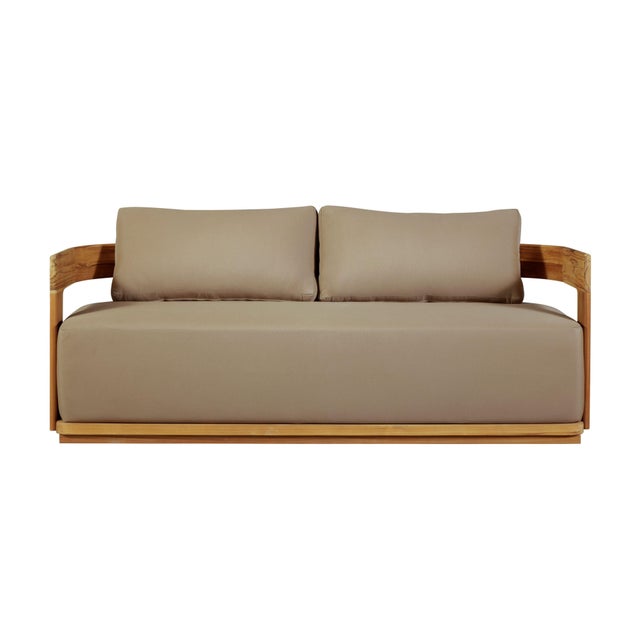 Eclipse Outdoor Solid Teak Wood Love Seat - Light Brown Fabric For Sale - Image 12 of 12