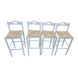 Set of 4 Vintage White Country Style Rush Seat Counter Bar Stools With Backs For Sale