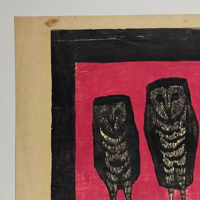 Modern Richard Hood - Expressionist Owl Unique Woodcut Print, Signed (Woodcut on Rice Paper) For Sale - Image 3 of 5