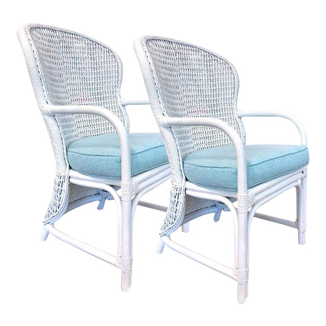 Lacquered Rattan Fan Back Chairs Blue Cushions For Sale