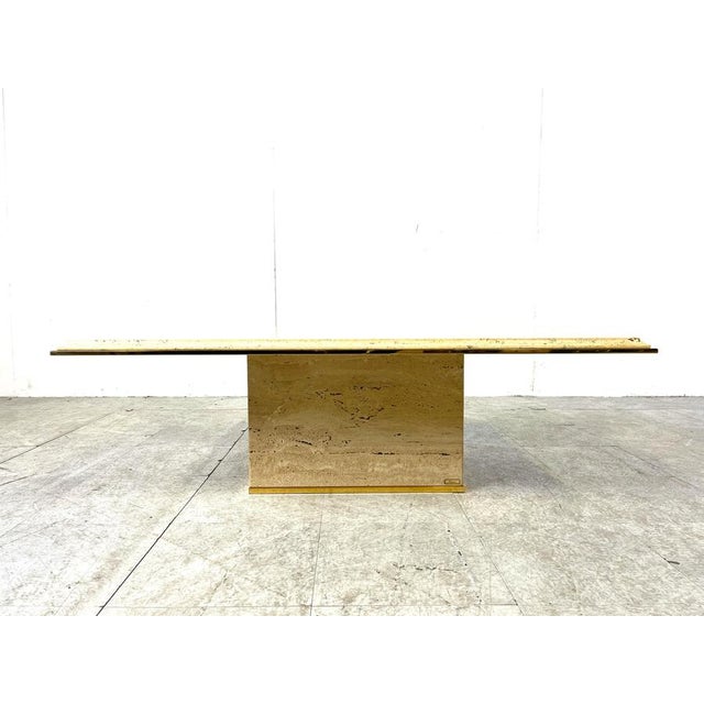 Brass and Travertine Coffee Table attributed to Fedam, 1970s For Sale - Image 4 of 12