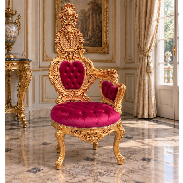 Red 1970s Italian Artisan Baroque Gold Red Velvet Chairs-Pair For Sale - Image 8 of 11