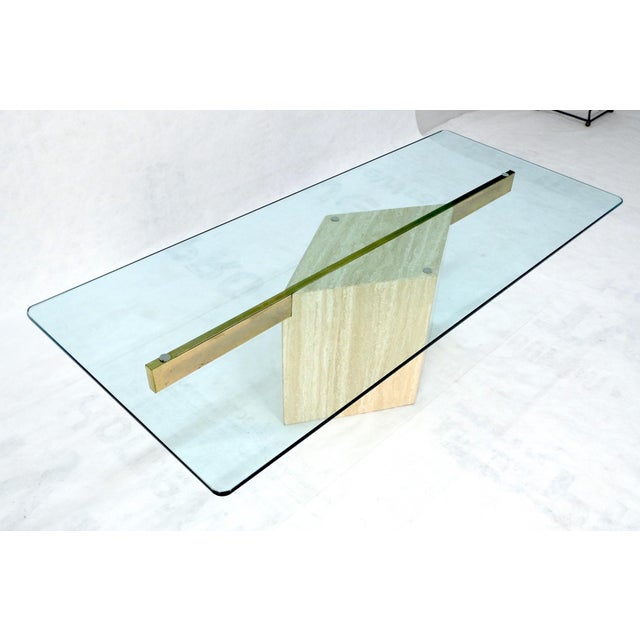 Mid-Century Modern Italian Travertine Single Pedestal Diamond Shape Base Glass Top Coffee Table For Sale - Image 3 of 13