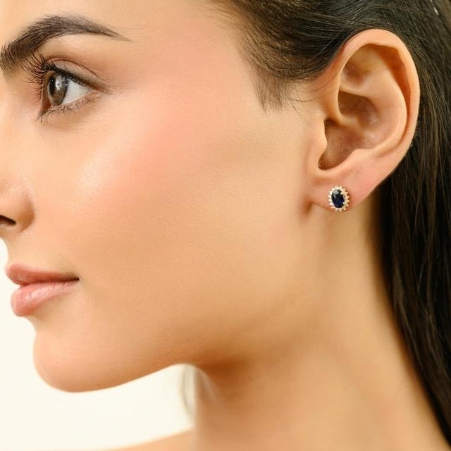 Metal Classic 14k Yellow Gold Stud Earrings With 1.34Ct Blue Sapphire & Diamond Halo- A Pair For Sale - Image 7 of 12