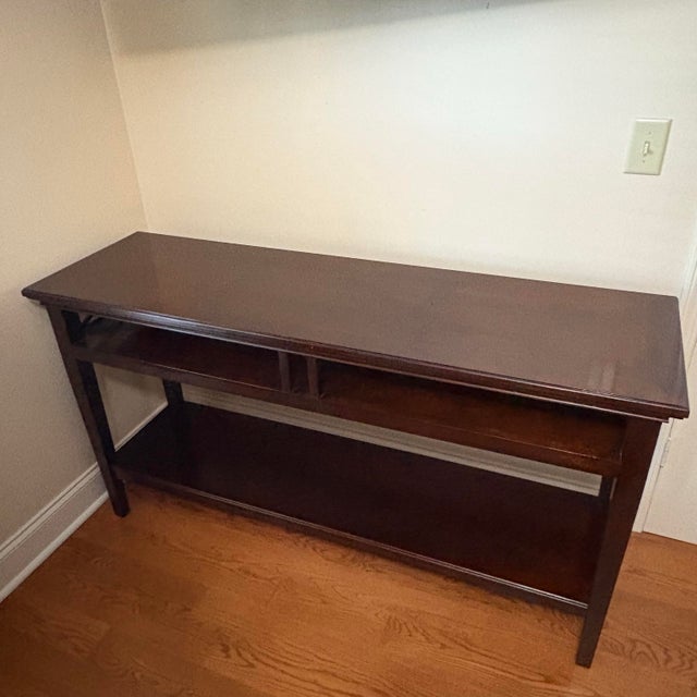 Brown Dark Wood Console Table With X-Brace Sides & Lower Shelf For Sale - Image 8 of 11