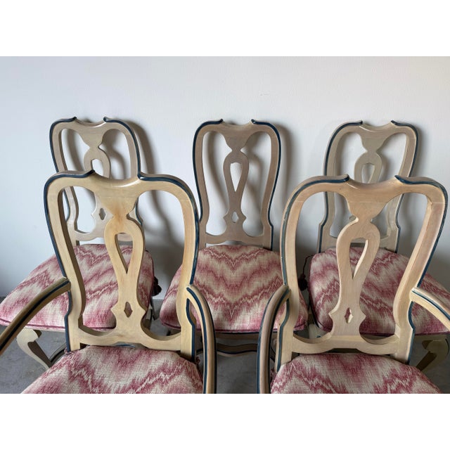 French Provincial 1970s Palm Beach Queen Anne–Style Carved Wood & Cane Dining Chairs — Set of 5 For Sale - Image 3 of 12