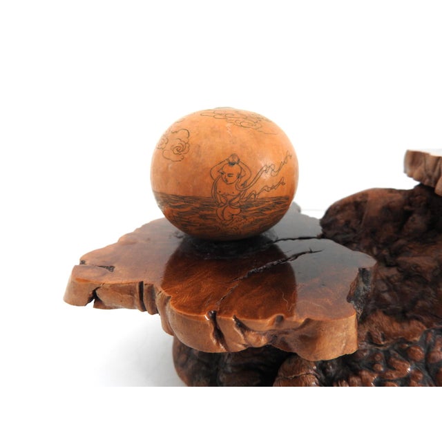 Contemporary Mid-Century Organic Burl Wood Pedestal Stand & Fine Etched Pyrography Gourds - Set of 3 For Sale - Image 3 of 18