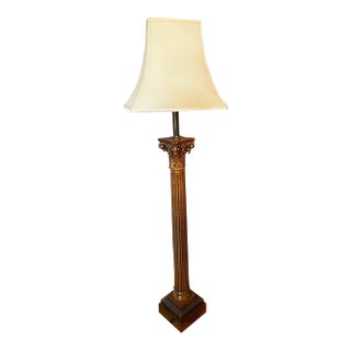 Maitland Smith Attributed Wood and Brass Floor Lamp With Linen Shade For Sale