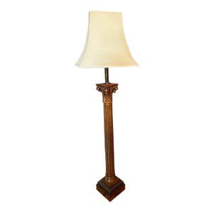 Maitland Smith Attributed Wood and Brass Floor Lamp With Linen Shade