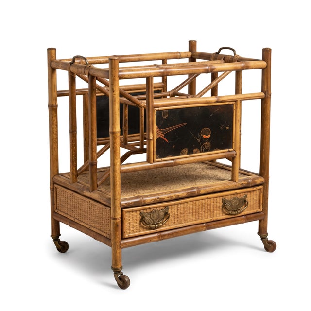 Brown 19th-C. English Burnt Bamboo & Grasscloth Chinoiserie Magazine Rack or Canterbury For Sale - Image 8 of 8