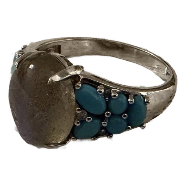 1970s KHR India Sterling Silver Bronzite and Turquoise Ring Size 11 Signed For Sale