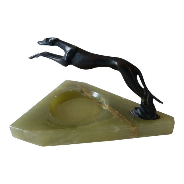 Early 20th Century Bronze Greyhound Dog on Green Marble Base . Art Deco . For Sale