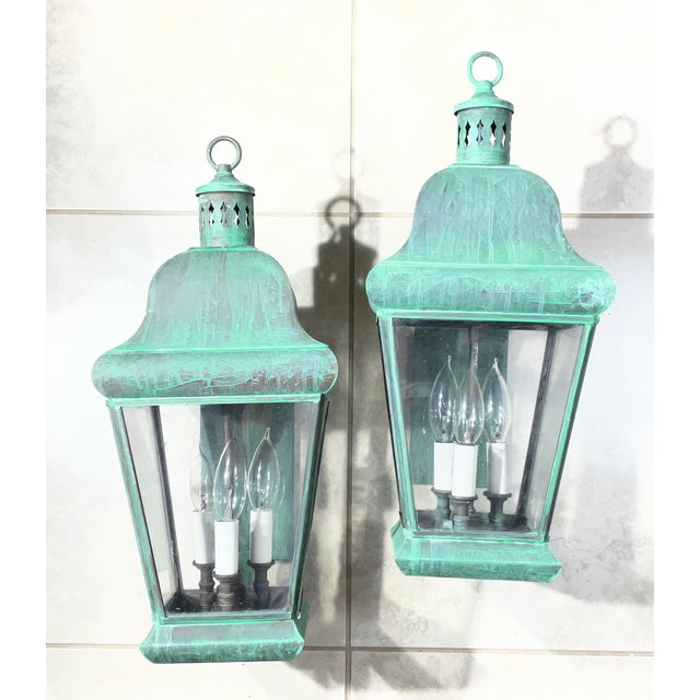 Pair of Vintage Colonial Solid Brass Wall Lanterns. 20”h X 8”.5w X 12”d For Sale - Image 14 of 18