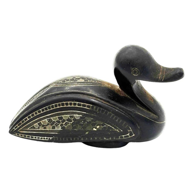 Mid 20th Century Chinese Export Hand Carved Teak Wood Duck For Sale