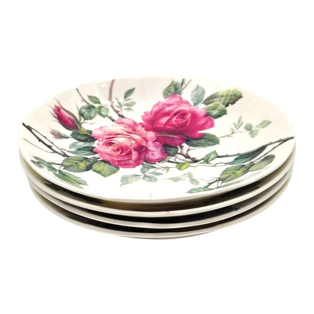 1990s Roy Kirkham English Rose Jumbo Teacup Saucers Bone China England 6.625" - Set of 4 For Sale - Image 4 of 12