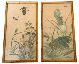 Japanese Watercolors of Flora and Fauna - a Pair