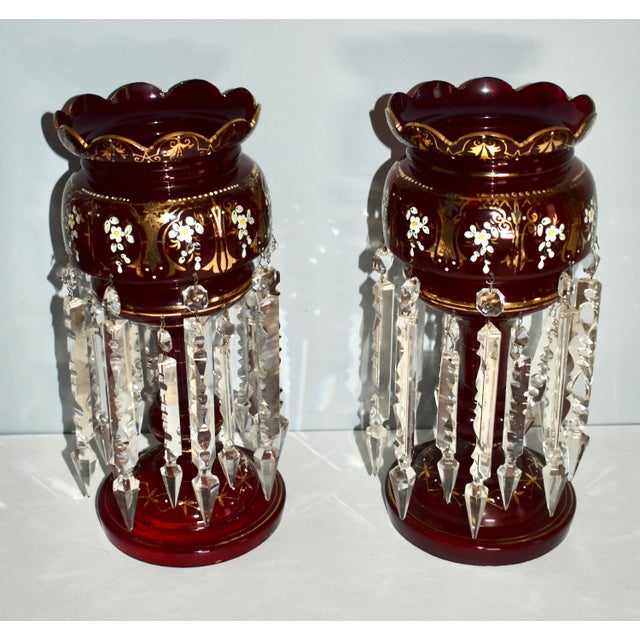 Antique Victorian Bohemian Pair of Cranberry/Ruby Glass Mantel Lusters For Sale - Image 11 of 12