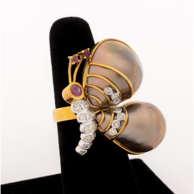 18K Rose & White Gold Diamond Ruby Pearl Butterfly Ring, designed as a butterfly, featuring twenty one white gold pave and...