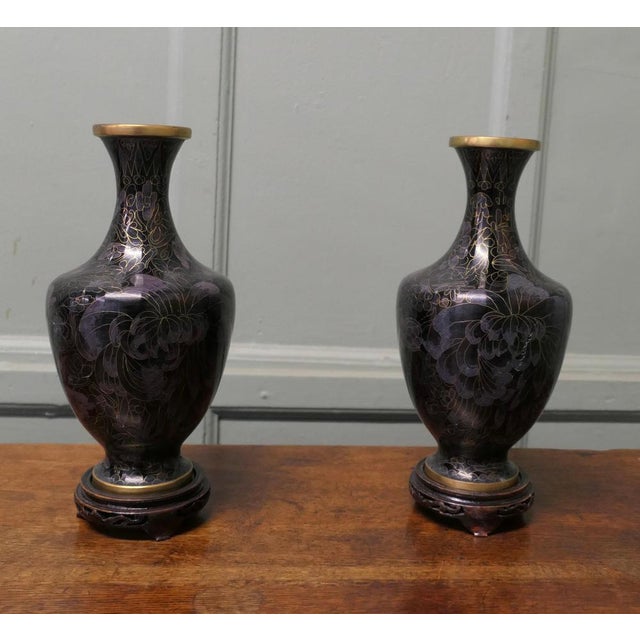 Vintage Black Cloisonné Baluster Vases on Stands, 1920, Set of 2 For Sale - Image 4 of 8