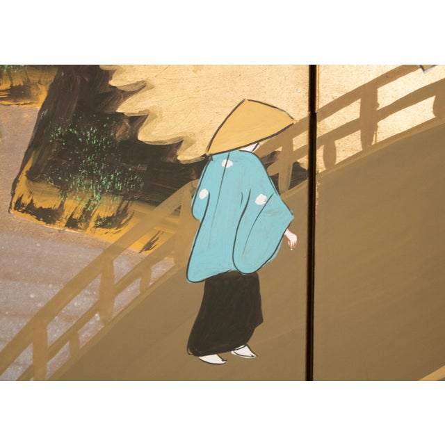 1960s Shōwa Era Japanese Byobu Screen "Autumn Festival Scene by the Bridge" For Sale - Image 9 of 17