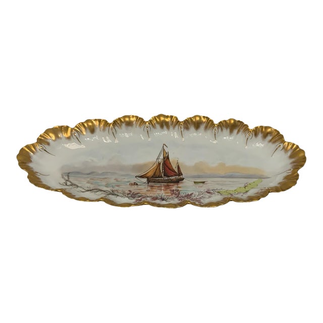 Antique A. Lanternier Limoges Hand-Painted Nautical Sailing Ship Porcelain Fish Platter France C. 1900 For Sale