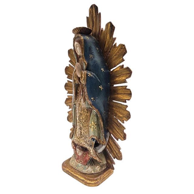 Mid 20th Century Mid-Century Mexican Our Lady of Guadalupe Carved Wood Devotional With Gilt Sunburst, 9" For Sale - Image 5 of 10
