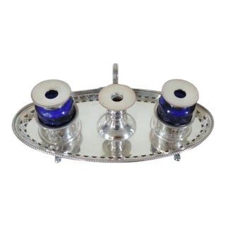 Old Sheffield Plate Silver on Copper Edwardian Ink Well Standish with Cobalt Glass Ink Pots For Sale