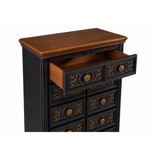Vintage 1970s Drexel-Attributed Tallboy Dresser — Custom Midnight Blue & Gilded Finish, Dovetail Construction For Sale In Los Angeles - Image 6 of 10