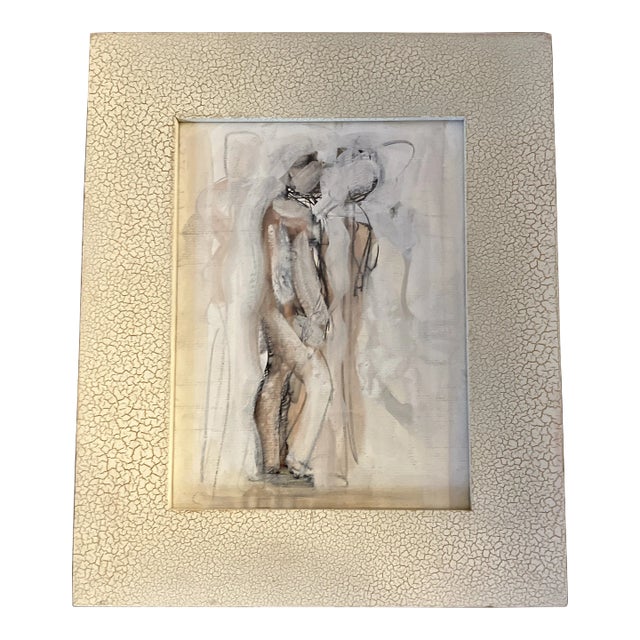 1960’s Original Abstract Painting/Drawing Faux Eggshell Frame For Sale