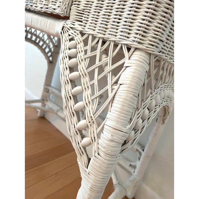 Vintage White Rectangular Wicker & Bamboo Desk, Console or Vanity With Glass Top, Drawer For Sale - Image 9 of 10