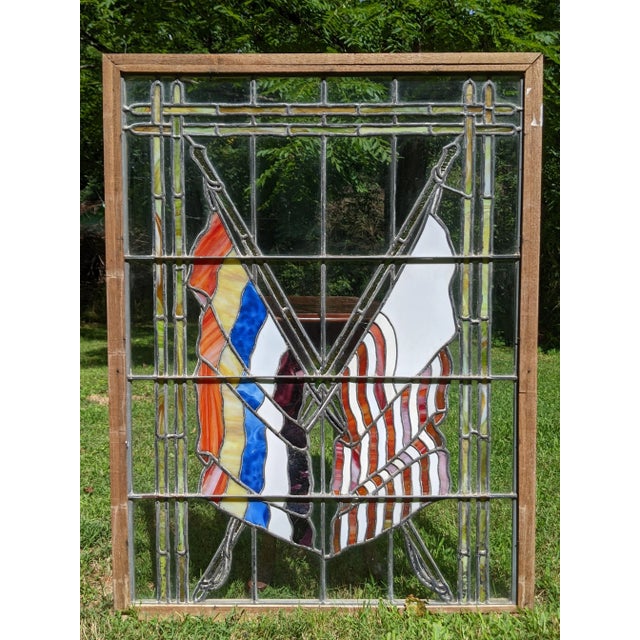 Large Vintage Stained Cathedral Glass Window Ft. Crossed Staff American Flag For Sale - Image 11 of 13