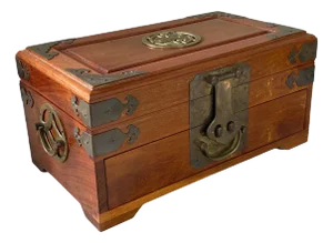 Vintage Asian Wood & Brass Jewelry or Storage Box 12" W