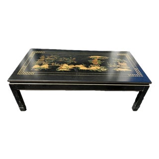 Vintage Black Chinoiserie Coffee Table Painted Asian Scenes by Katherine Henick For Sale