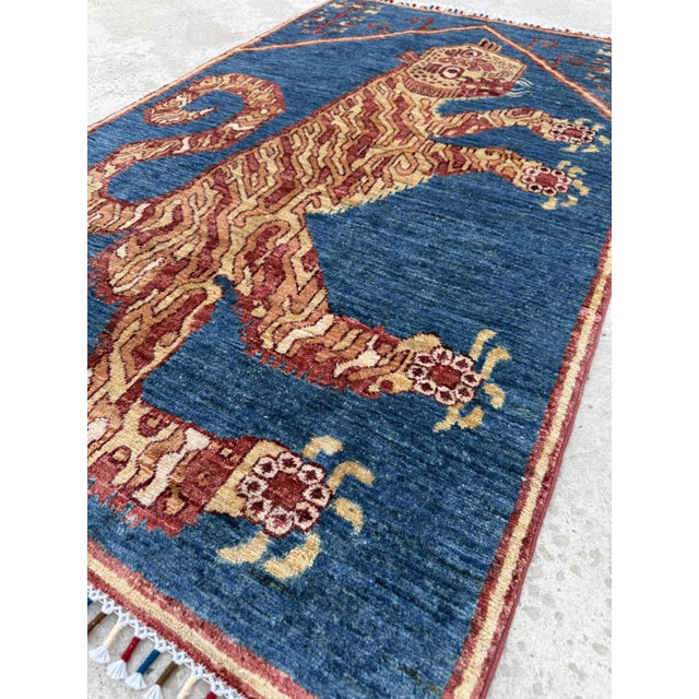 2000 - 2009 Blue Gold Hand Knotted Tibetan Tiger Pictorial Wool Rug, 03'01 X 04'08 For Sale - Image 5 of 10