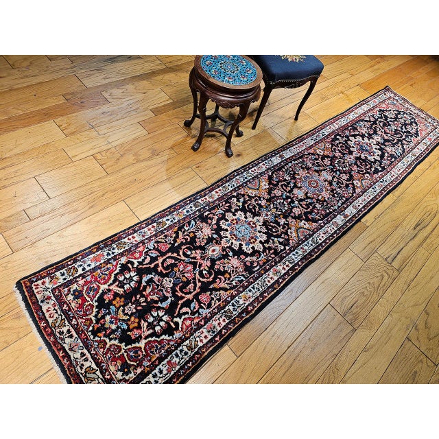 1900 - 1909 Vintage Persian Bakhtiari Tribal Runner, Hand-Knotted Wool, Floral Bouquets & Medallions, Navy & Ivory, 3x12 For Sale - Image 5 of 16
