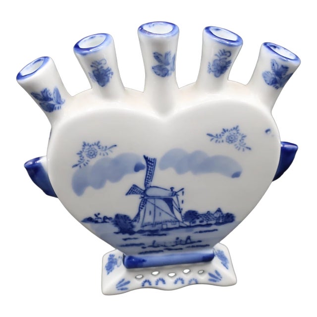 Vintage Delftware Delft Blue Tulip 5-Finger Fan Bud Vase For Sale