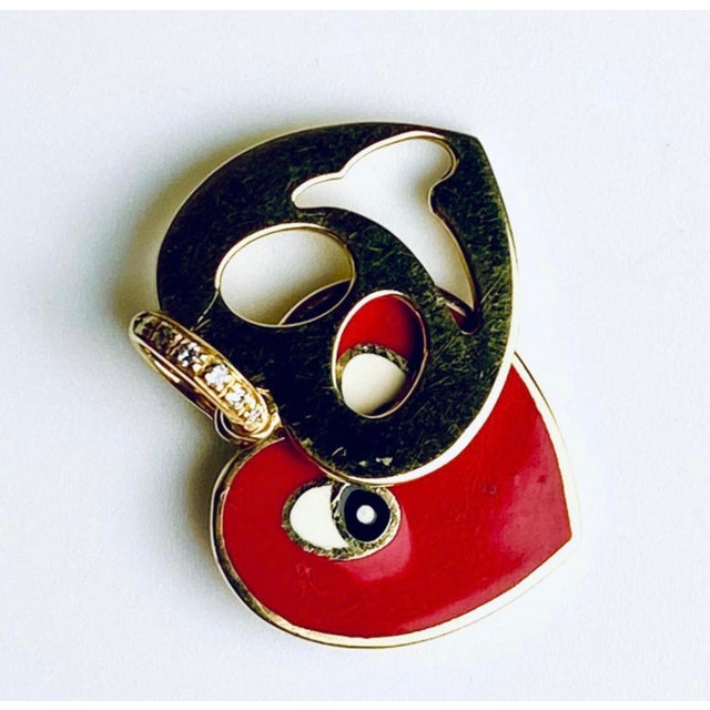 Vintage Aaron Basha 18k Yellow Gold Diamond Enamel Whimsical Heart Charm Pendant For Sale - Image 4 of 9