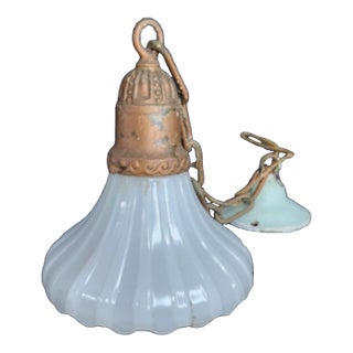 1920's Art Nouveau Ribbed Clambroth Glass Pendant Light For Sale