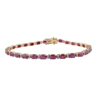 9.36 Carat Genuine Ruby Diamond Birthstone Tennis Bracelet in 14k Yellow Gold For Sale