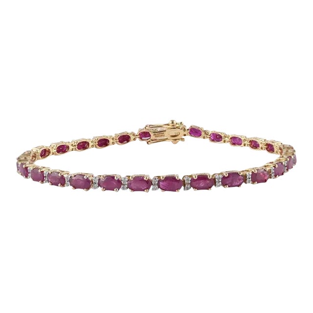 9.36 Carat Genuine Ruby Diamond Birthstone Tennis Bracelet in 14k Yellow Gold For Sale