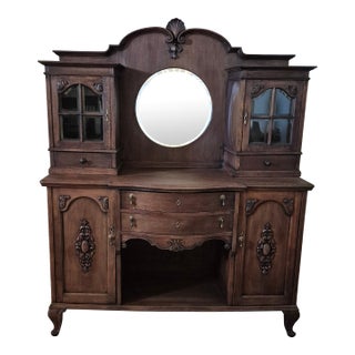 Late 19th-Century Victorian Hand-Carved Oak Buffet With a Beveled Mirror For Sale