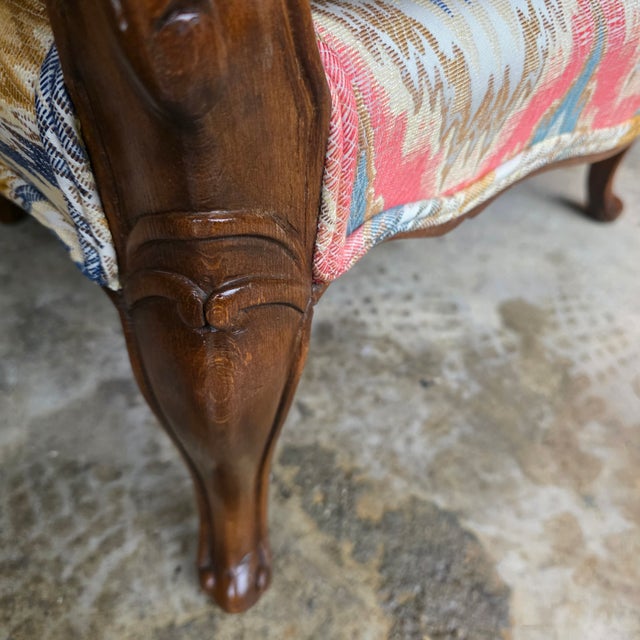 Pair of Mid-Century French Louis XV Style Walnut Bergère Fauteuils With Ikat Upholstery For Sale - Image 12 of 13