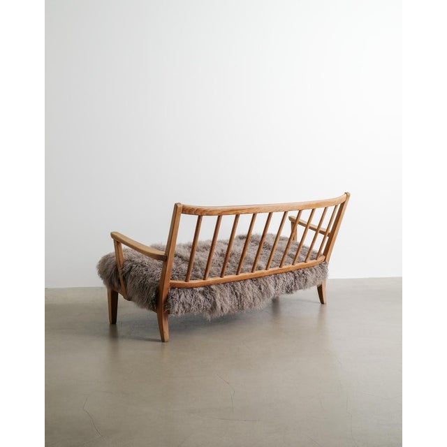Carl Malmsten Early Swedish Mid-Century Wooden Pine Two Seater Sofa With Sheepskin by Carl Malmsten, 1940s For Sale - Image 4 of 9