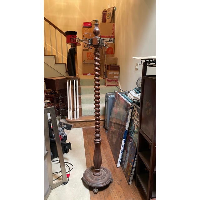 Brown Antique Turned Oak Hall Tree Coat Rack With Adjustable Iron Hooks For Sale - Image 8 of 8